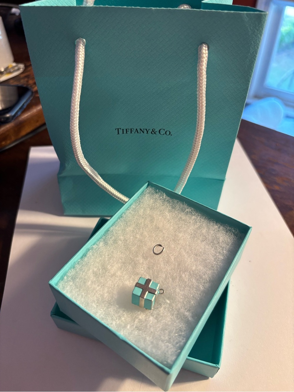 Tiffany & Co. Mini Blue Cube Charm with Silver bow